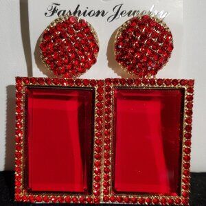NWT - Red Rhinestone Fashion Statement Earrings